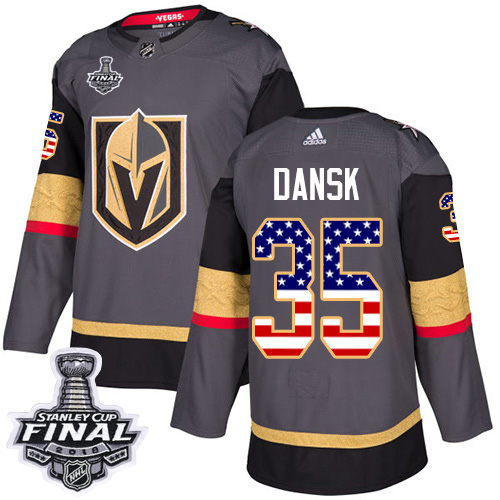 Adidas Golden Knights #35 Oscar Dansk Grey Home Authentic USA Flag 2018 Stanley Cup Final Stitched NHL Jersey